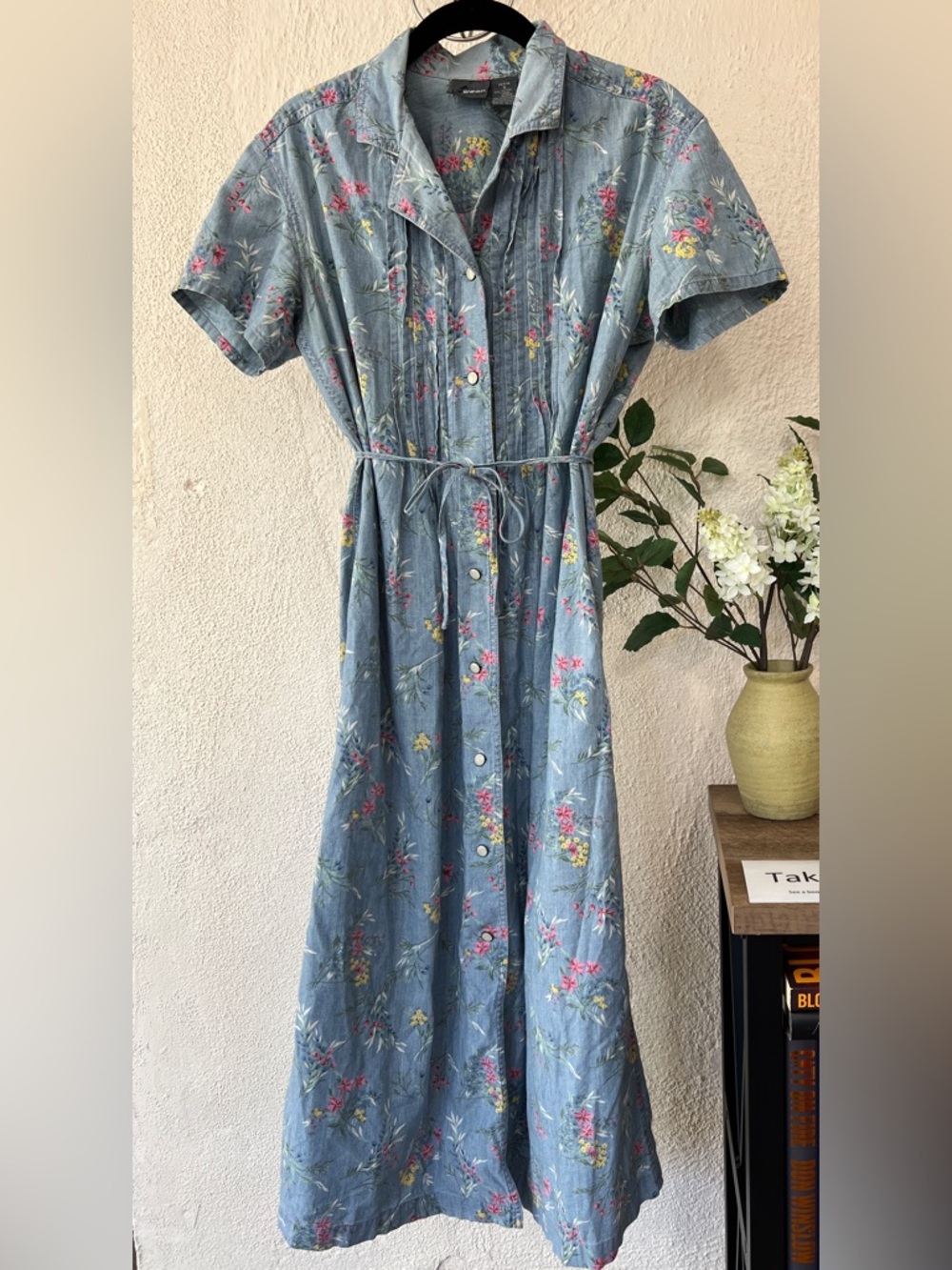 Vintage Lizwear 100% Cotton Light Blue Floral Midi Shirt Dress w/Tie Waist Sz S